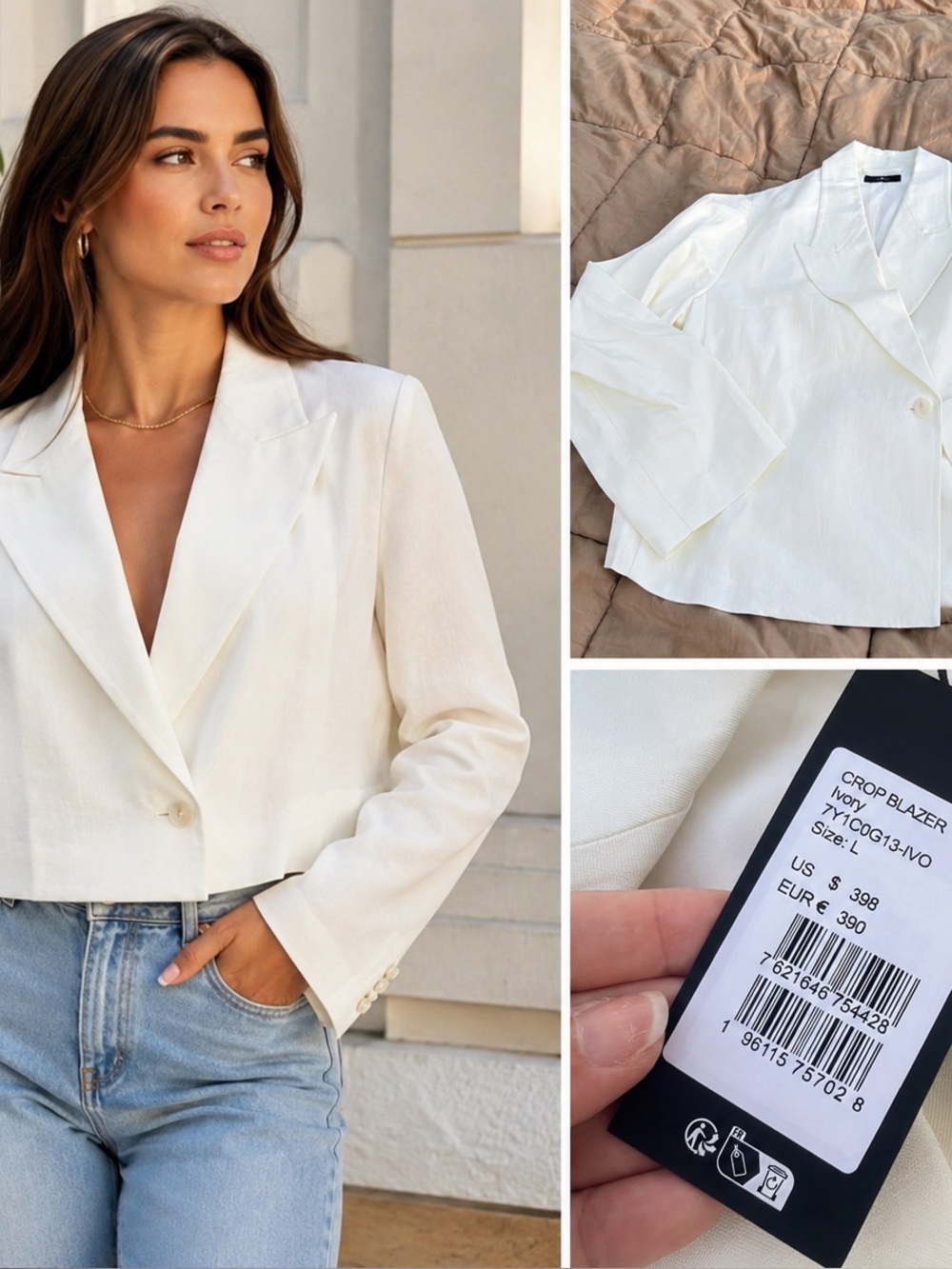 NWT 7 For All Mankind Ivory Linen Blend Crop Blazer Jacket Chic Minimalist Layer